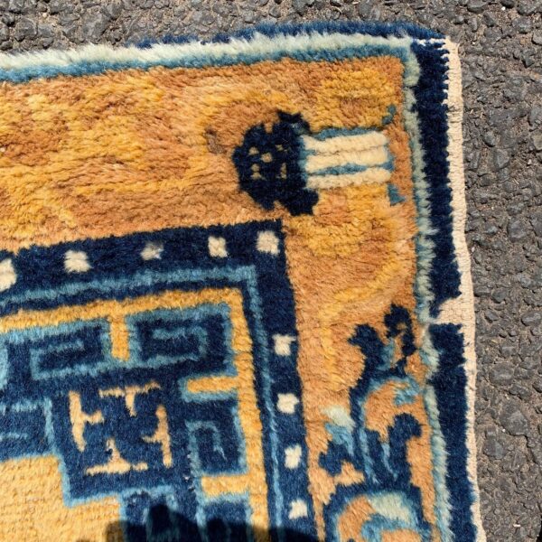Shaggy gold and dark blue geometric rug border shown outdoors against black asphalt.