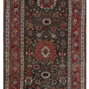 Narrow dark runner rug with a traditional red border and complex central geometric medallion design.