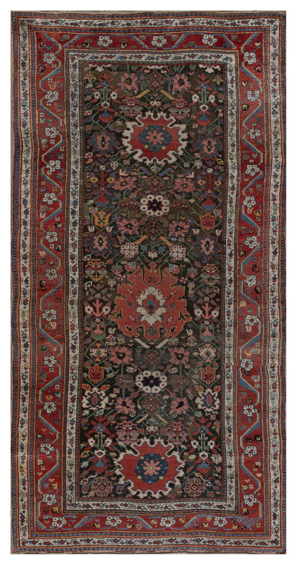 Narrow dark runner rug with a traditional red border and complex central geometric medallion design.
