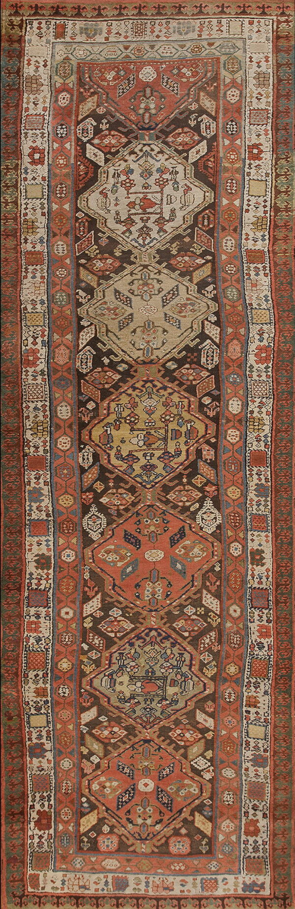 Muted geometric runner rug with repeating rust and tan medallions on a dark brown background.