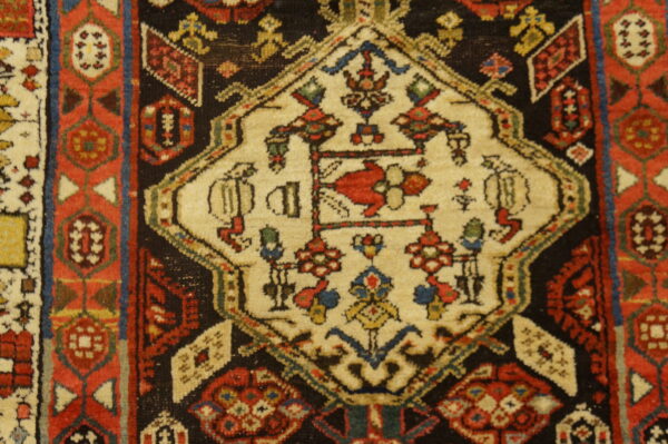 Traditional rug close-up showing a cream medallion, red border, and multicolored geometric patterns on black.