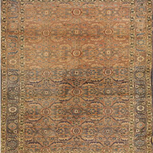 The rug has a rust-toned field and repeating floral pattern with complex blue and brown borders.