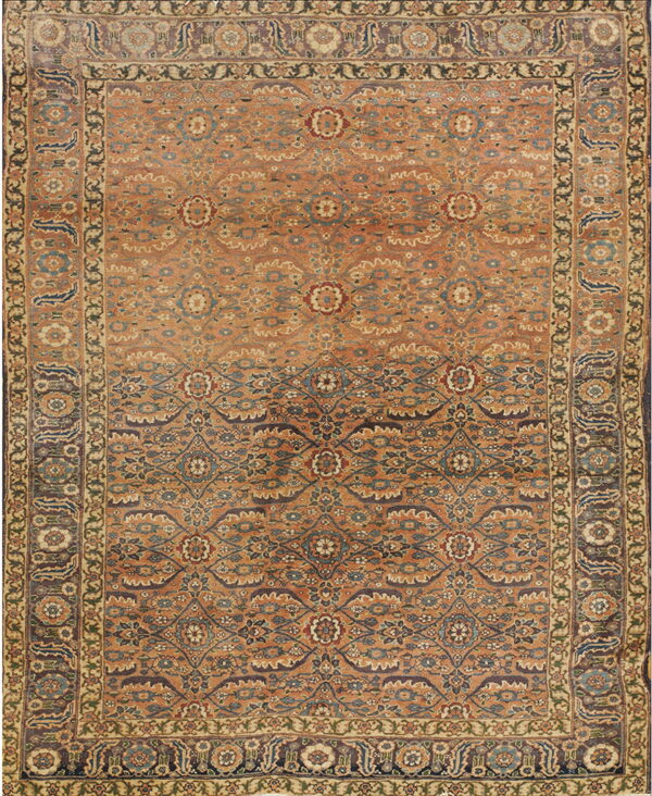 The rug has a rust-toned field and repeating floral pattern with complex blue and brown borders.