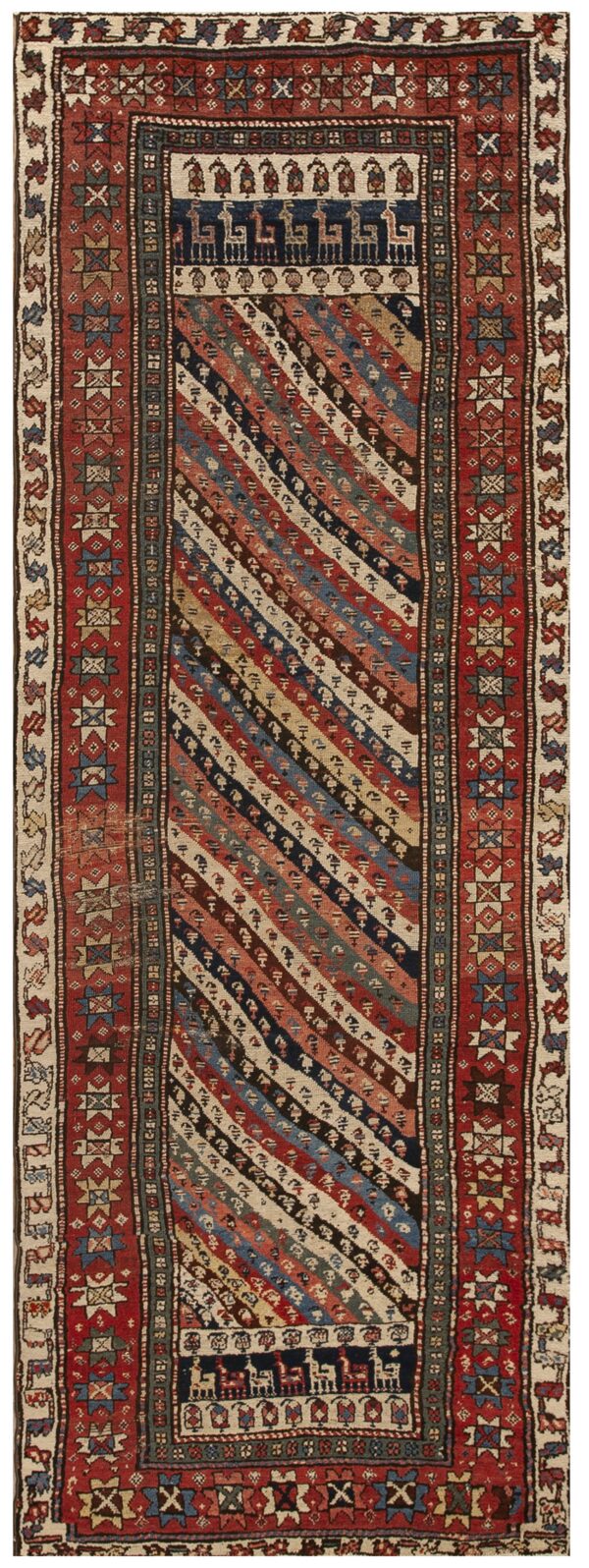 Red and cream geometric border surrounds a central field of multicolored diagonal stripes and animal motifs.