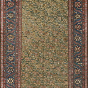 Muted olive runner rug with a detailed geometric pattern, framed by deep blue and rust ornate borders.