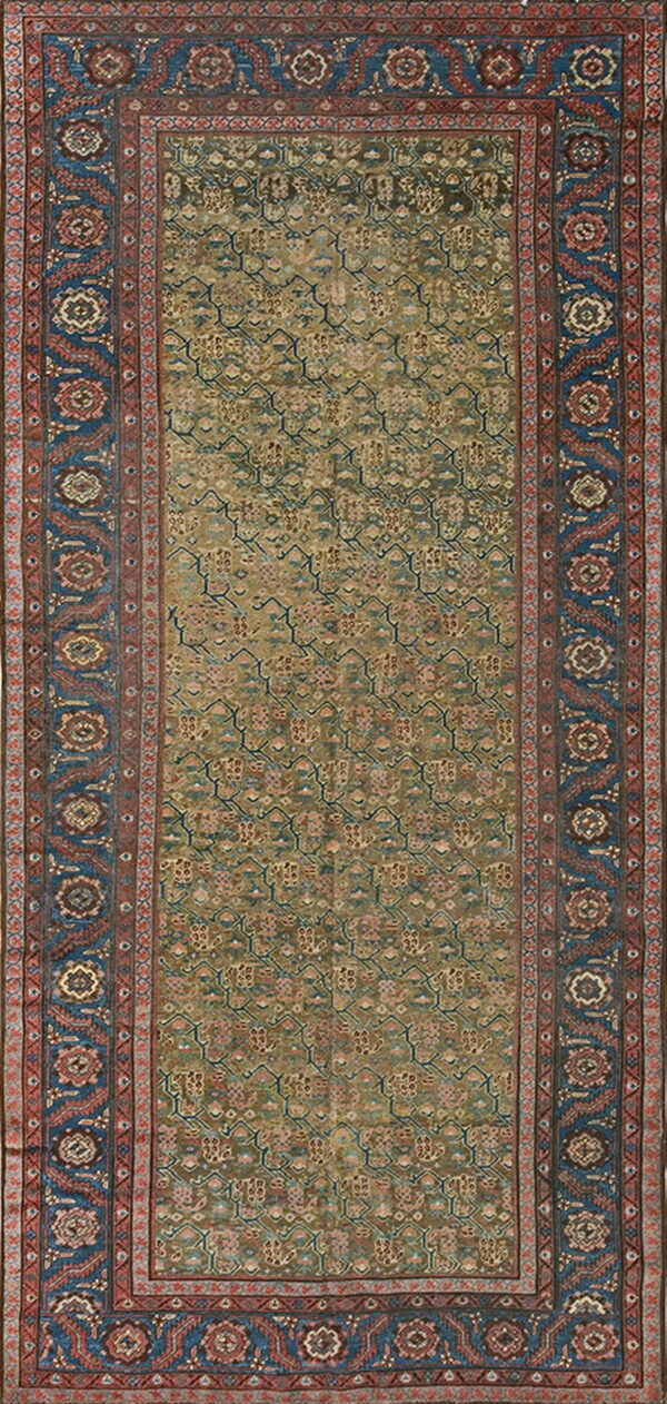 Muted olive runner rug with a detailed geometric pattern, framed by deep blue and rust ornate borders.