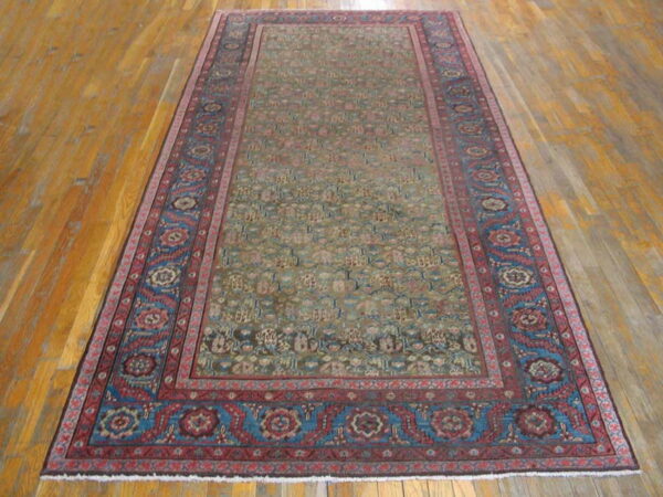 Traditional runner rug with an all-over pattern in muted green and tan, framed by red and blue borders on wood floors.