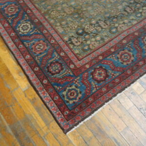 Red and blue patterned border rug with a muted green field lies diagonally on worn wood flooring.