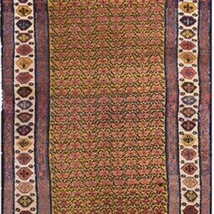Yellow runner rug with a dense all-over red and blue vine pattern and detailed multicolored geometric borders.