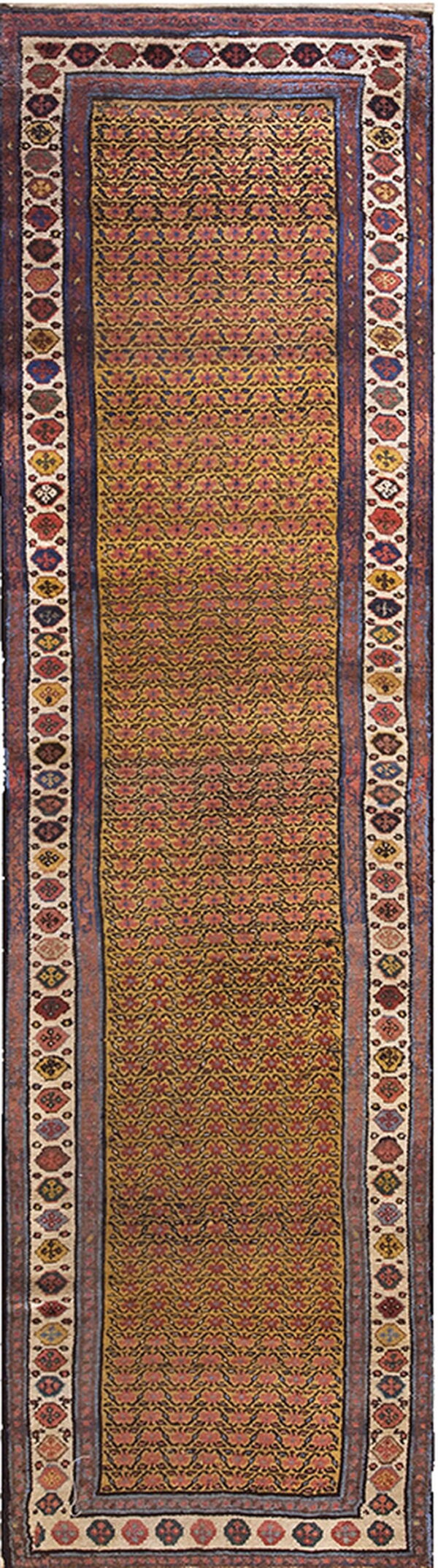 Yellow runner rug with a dense all-over red and blue vine pattern and detailed multicolored geometric borders.