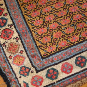Ornate rug corner featuring gold, coral, and teal colors, geometric patterns, and cream borders on wood floor.