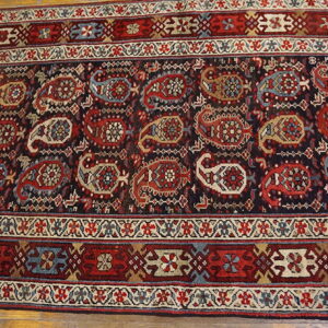 Dark patterned runner rug with repeating red, blue, and tan paisley motifs, bordered by geometrics on wood floor.