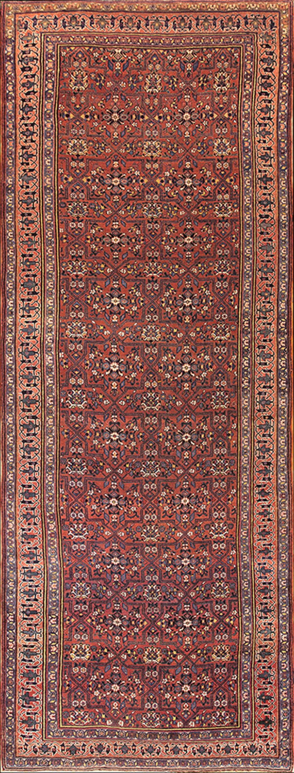 A long runner rug features a dense floral and geometric pattern in rust, navy, and gold tones.