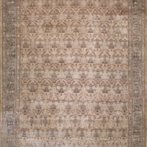 Full view of a low-pile traditional rug with beige, brown, and gray-blue ornate medallion patterns.