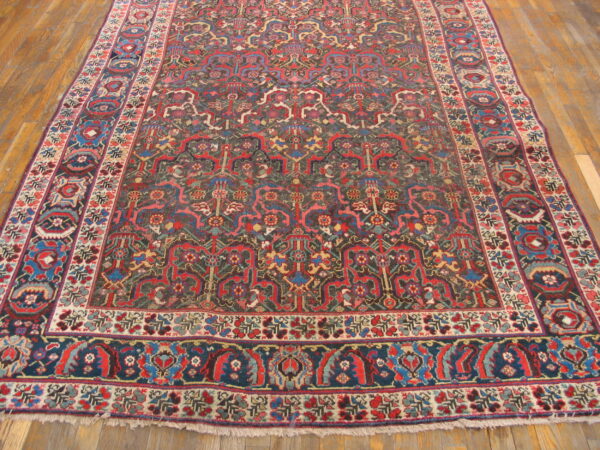 Intricate red, blue, and dark field rug with detailed borders rests on light wood floors.