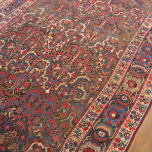 A detailed, low-pile rug with complex red, blue, and dark patterns and borders lies on light wood flooring.