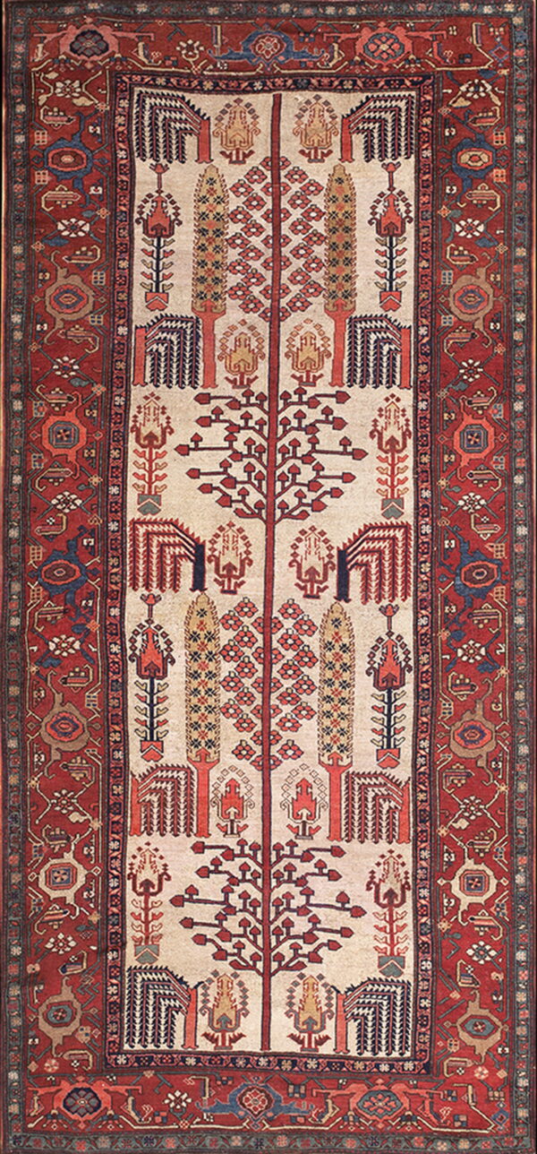 Cream runner rug with repeating red, blue, and gold stylized tree patterns and a detailed red border.