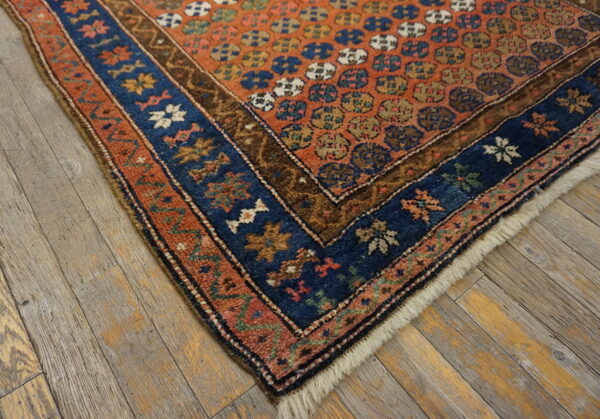 Low pile rug featuring an orange field with geometric motifs and a multi-banded blue and rust border.