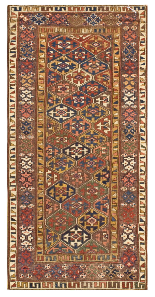 Geometric runner rug featuring a pattern of red, navy blue, and gold hexagons surrounded by rich brown borders.