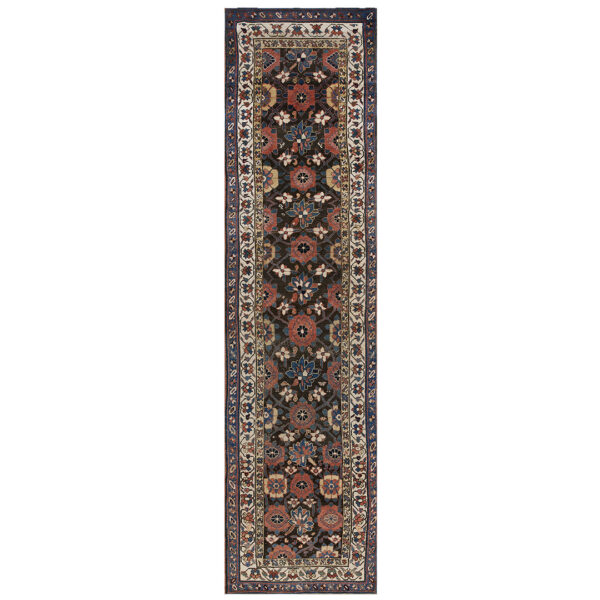 Stylized floral and geometric runner rug with a dark field, red and blue motifs, and a patterned cream border.