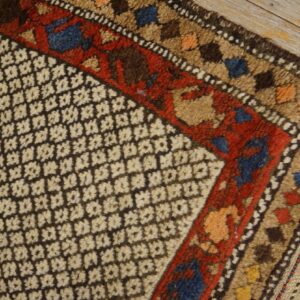 High-pile rug corner showing a dark brown geometric field and multi-colored borders on light wood flooring.