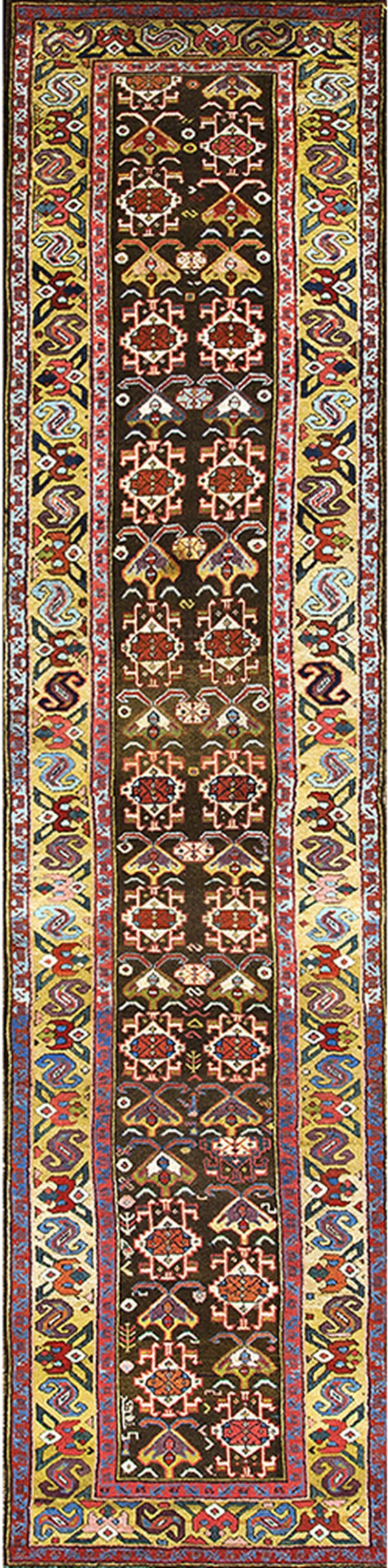 Geometric runner rug with a dark brown field patterned in red and white, framed by a wide yellow and multicolored border.