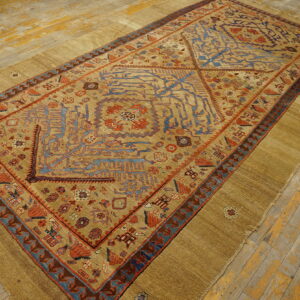 Tan, rust, and blue patterned rug with wide flatwoven borders displayed on worn wood flooring.