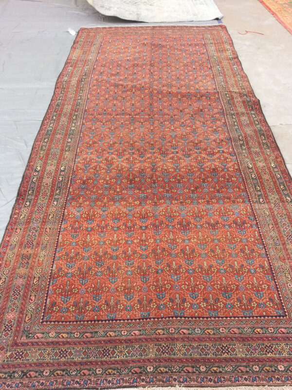 Long red and blue low-pile area rug with complex tribal repeating patterns displayed on a concrete floor.