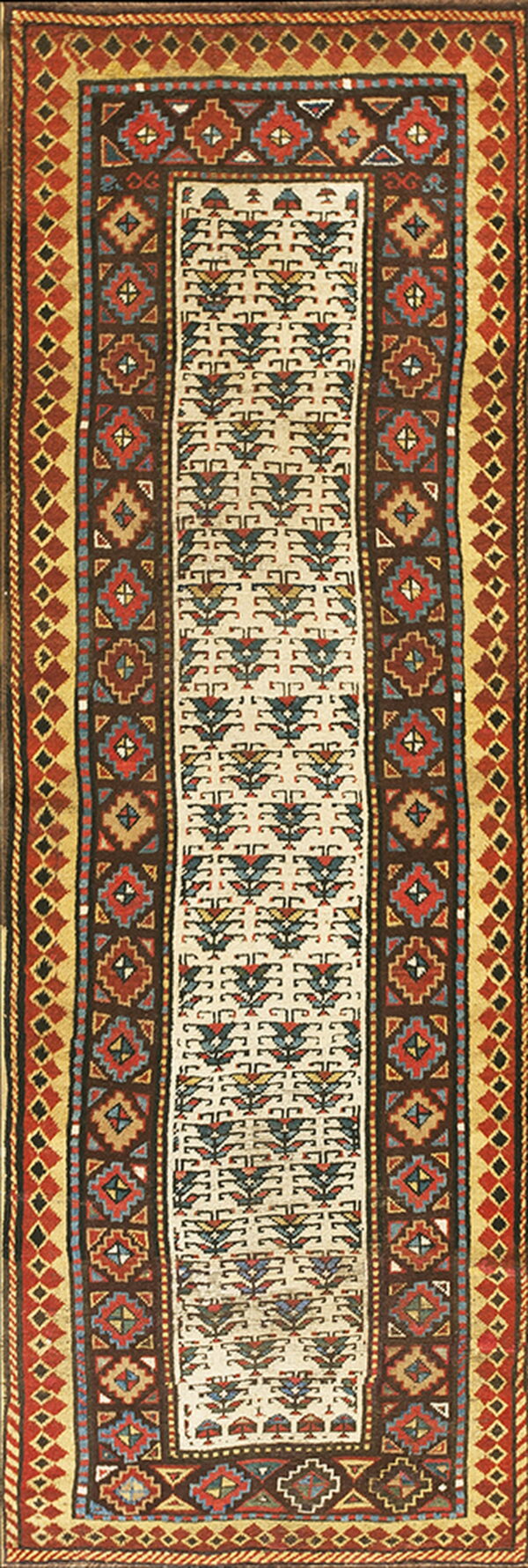 Long runner rug with a cream field and tribal patterns in deep brown, red, blue, and gold.