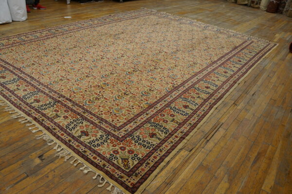 Multi-colored floral patterned rug with a cream field and dark borders displayed on plank hardwood floors.