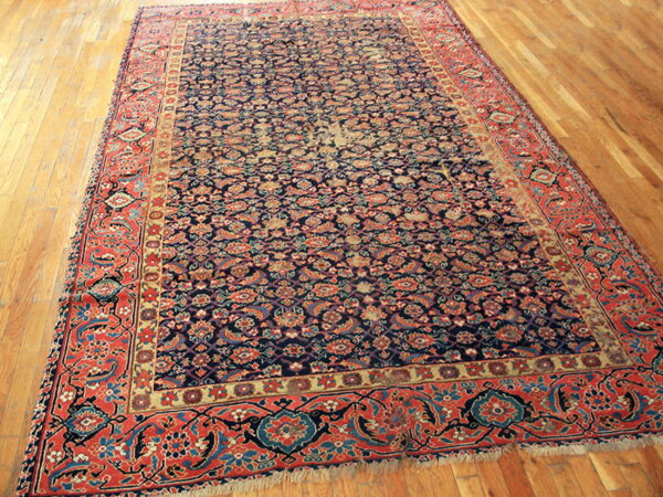 Large area rug featuring a dense floral pattern with navy, coral, and tan colors on a plank hardwood floor.