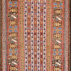 Multicolored runner rug displaying vertical geometric rows flanked by wide borders with stylized figures.