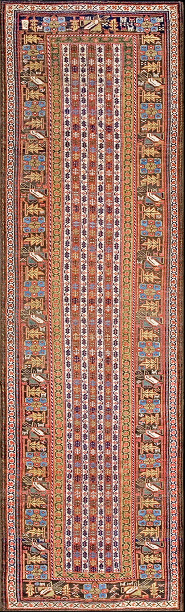Multicolored runner rug displaying vertical geometric rows flanked by wide borders with stylized figures.