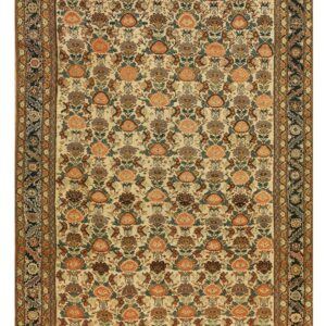 Cream rug featuring repeating floral motifs in rust, blue, and green, surrounded by a wide dark guard border.