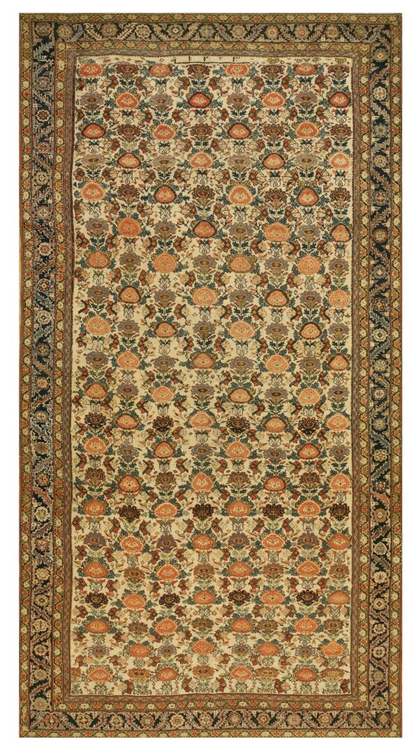 Cream rug featuring repeating floral motifs in rust, blue, and green, surrounded by a wide dark guard border.