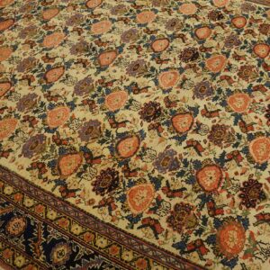 Beige ground rug featuring repeating floral medallions in coral, navy, blue, and deep red colors.