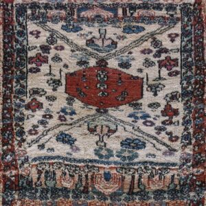 A textured beige rug featuring a central red geometric design surrounded by blue and rust motifs.
