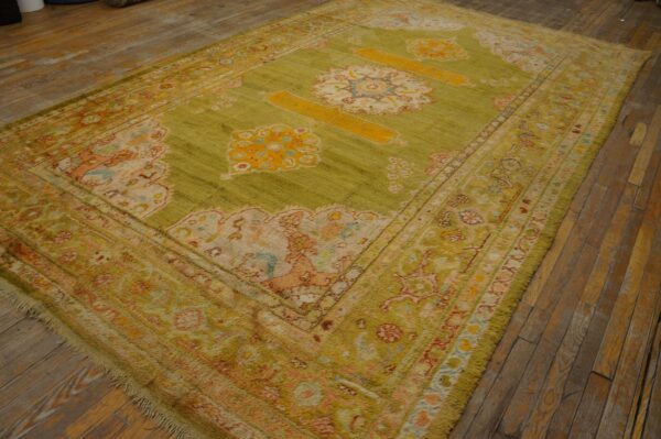 Chartreuse green, high-pile rug with ornate yellow and pink medallion patterns on rustic wood plank flooring.