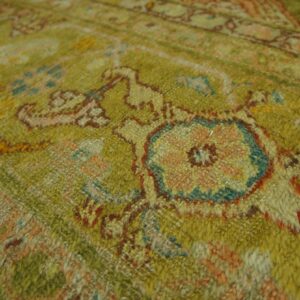 Fuzzy high-pile rug detail featuring an ornate pattern in olive green, peach, and rusty red.