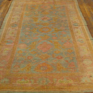 Faded blue and coral runner rug with traditional motifs resting on rustic wooden floorboards.