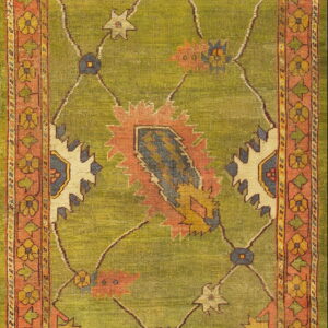 Runner rug featuring a lime green field with coral, yellow, and blue serrated floral medallions and a patterned border.