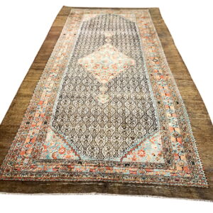 Traditional runner rug displaying a patterned field with teal and terracotta accents framed by a dark brown border.