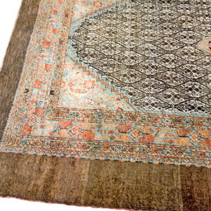 A low-pile rug corner showing a dark lattice field and a colorful aqua and orange geometric border.