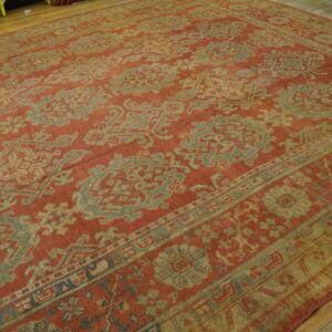 Terracotta and muted sage traditional rug with detailed borders lies on weathered wood floorboards.