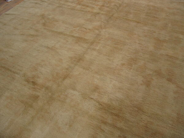 A plush, solid light brown area rug displays subtle tonal variation on warm brown wood plank flooring.