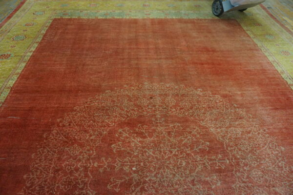 Red rug with faded medallion and vibrant green patterned border, resting on wood floor.