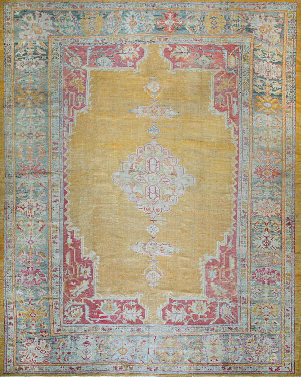 Antique hand knotted wool pile large size tribal medallion turkish oushak  rug