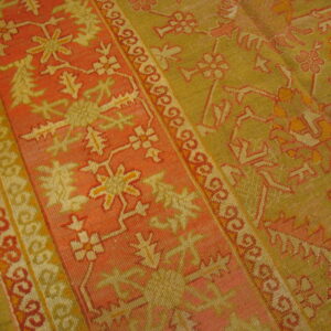 Geometric rug in olive green and faded pink has a patterned border next to wood flooring.