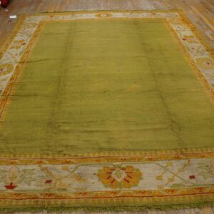 Lime green rug featuring a textured field and wide ornate border in cream, gold, and red on wood planks.