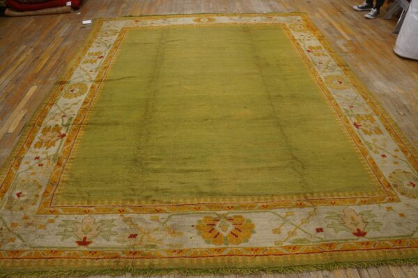 Lime green rug featuring a textured field and wide ornate border in cream, gold, and red on wood planks.